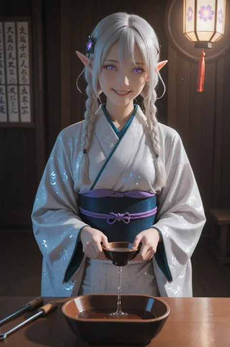 Masterpiece, ultra-detailed, highres anime illustration of a mysterious elf sommelier with waist-length platinum hair featuring intricate braids and amethyst eyes that shift colors in different light, presenting a rare vintage of magical sake to patrons at...