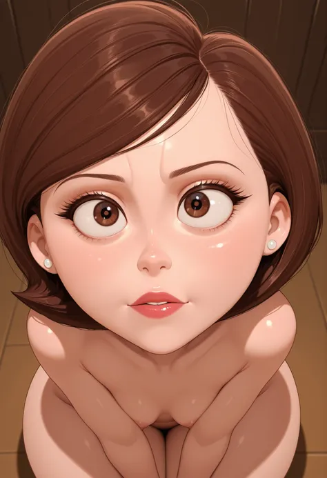 Helen Parr , mature female, medium hair, Bob_cut, brown hair, brown eyes, big eyes, long eyelashes, medium breasts, narrow waist, thick thighs, huge hips, fair skin, thin hands, earrings, makeup, pink lips, lipstick.| children femboy fucks girl . nude . 1g...