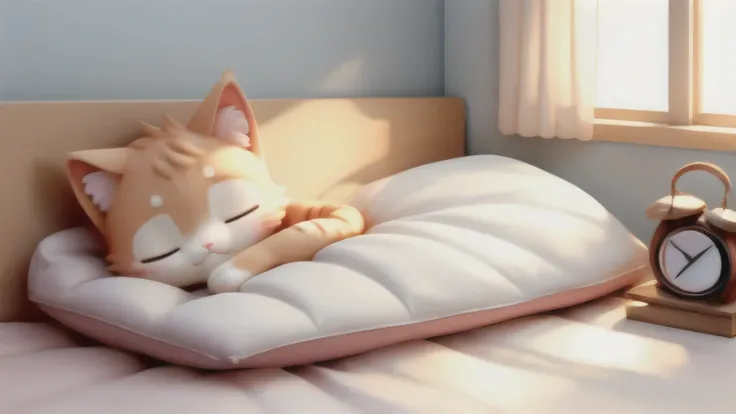 Cat sleeping in a futon、cute cat、solo、Top comforter 、alarm clock、pillow