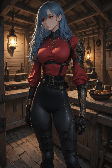 score_9, score_8_acima, score_7_acima, obra-prima, alta qualidade, super detailed, cor brilhante, poor lighting, cinematographic lighting, 1 woman, alone, Caera Denoir, blue hair, long hair, red eyes, tight white blouse with golden buttons, high-waisted bl...