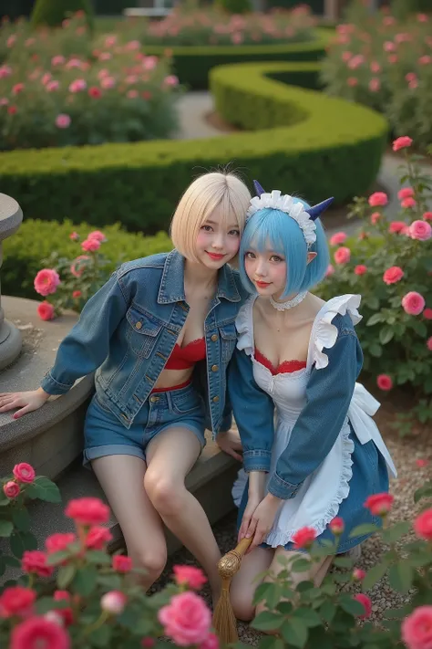 Ultra-realistic 8K full-body portrait of two women with clearly distinct outfits in a blooming mansion garden: a 16-17-year-old Japanese girl with short blonde bob hair, sparkling brown almond eyes crinkled in joy, and a radiant mischievous grin, perched o...