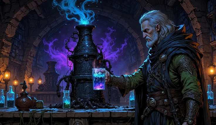 A medieval master necromancer of middle age with deep and disturbing eyes that glow with evil satisfaction, disheveled gray hair and pale skin marked by visible dark veins, wearing a heavy leather apron stained by decades of banned brewing experiments. in...