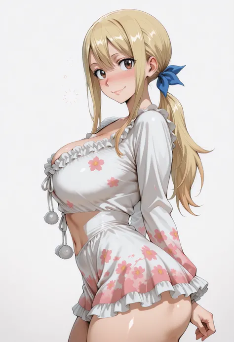 score_9, score_8_up, score_7_up, source_anime, lucy heartfilia, long hair, blonde hair, large breasts, brown eyes,,, blue hair ribbon,, blush, drunk,, , looking at viewer,, , solo,, large breasts, big ass, thick thigs, wide hips, slim waist, mature body, ...