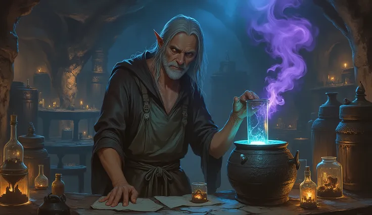 A medieval master necromancer of middle age with deep and disturbing eyes that glow with evil satisfaction, disheveled gray hair and pale skin marked by visible dark veins, wearing a heavy leather apron stained by decades of banned brewing experiments. in...