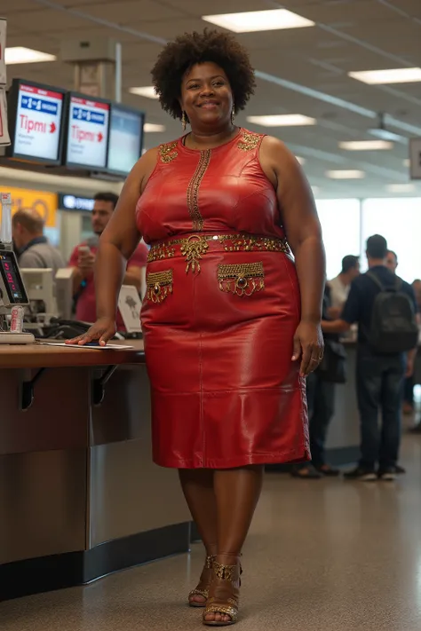 A 44 year old gigantically obese woman that is black wearing a shiny red and gold sleeveless leather dress, standing at the side of an airport ticketing desk
