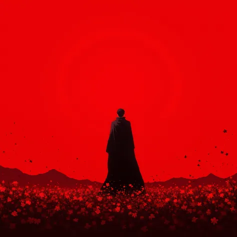 a man standing in a field of flowers under a red sky, painted by andreas rocha, by Andreas Rocha, 4 k hd wallpaper very detailed, makoto sinkai, andreas rocha style, ghost of tsushima, highly detailed 4 k art, inspired by Andreas Rocha, the style of andrea...