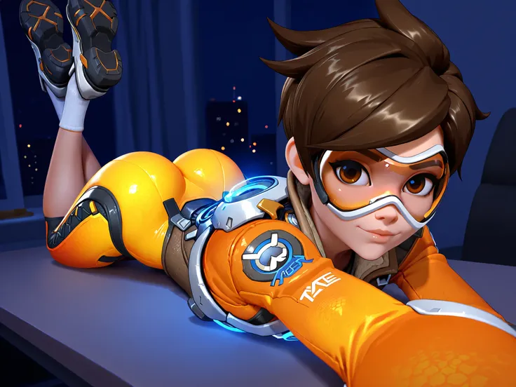 OTracer, 1girl, brown hair, brown eyes, short hair,1 girl, small ass, fit ass, goggles, tracer (overwatch), in office desk, prone position, at night, at night, selfie, orange suit, prone position, facing the viewer, ass up, petite body, petite ass, crossed...