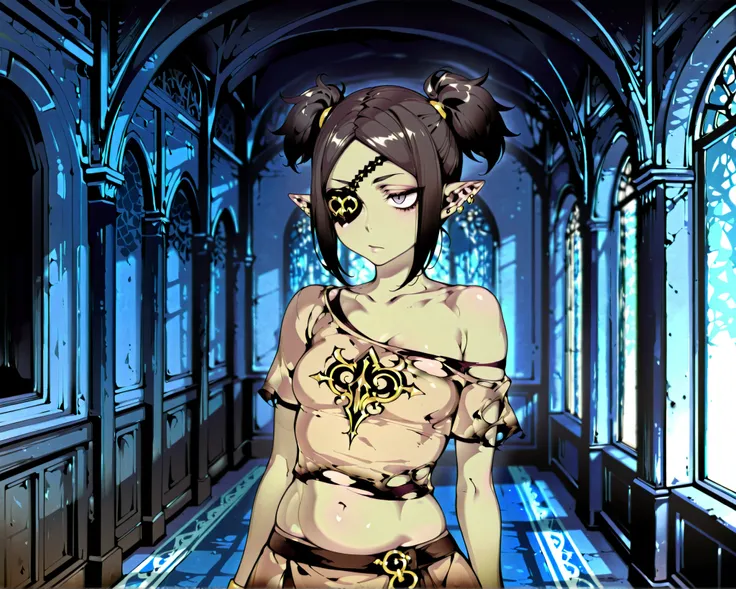 Source_anime, cute female, fishine style, 1girl, solo orc_girl BREAK 

Black hair, long sidelocks, short twintails, parted bangs, small breasts, black_eyepatch_on_left_eye, yellow_left_eye, (colored skin, green skin), pointy ears, ear piercing, gold pierci...