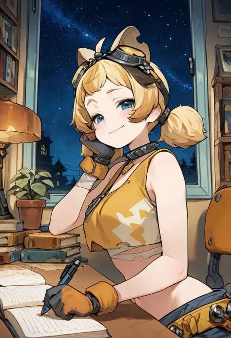 masterpiece, best quality, solo, curvy, beautiful eyes, narrow waist, wide hips, 1girl, solo, smile, looking at viewer, foreshortening, close up, zzMindy, blue eyes, blonde hair, ahoge, short hair, low twintails, short twintails, large breasts, crop t...