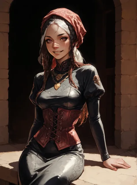 She looks like Elena from Street Fighter and has a horizontal scar across her nose. White skin. Inca girl with white dreadlocks and ponytail, deep red-coloured eyes, slanted Asian eyes, sharp canine teeth, black eyeliner, athletic body and soft abs. Slende...