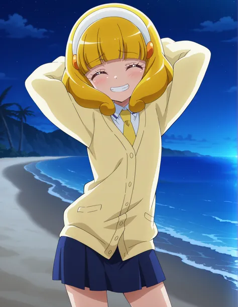 Yayoi, closed eyes, yellow_hair, short_hair, bangs, hairband, white band, small_breasts, short body, school uniform, cardigan, yellow necktie, blue skirt, anime screencap, high quality, closed mouth, solo, cowboy shot, night sky, beach, arms behind head, (...