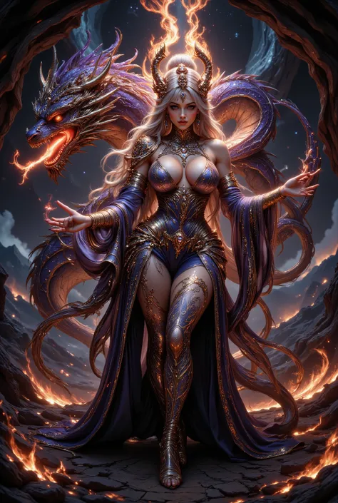 Generate an image of a dragon Queen facing the viewer , A fierce Dragon behind her breathing fire