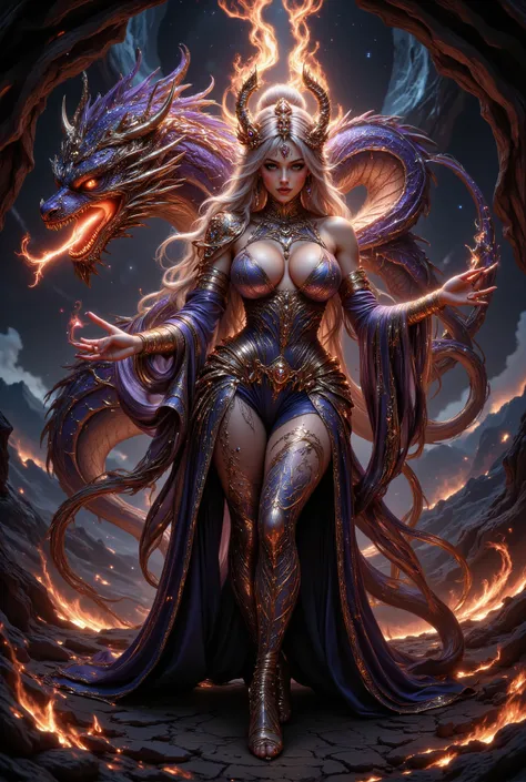 Generate an image of a dragon Queen facing the viewer , A fierce Dragon behind her breathing fire