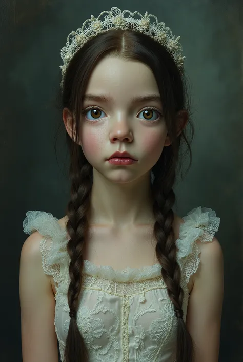 Mark Ryden-style portrait of an innocent  with a sad face and huge breasts, high quality,masterpiece,ultra-detallado,photorealistic,studio lighting,hdr,vivid tones ,dark color palette,parts,braids,Big eyes,melancholic expression,white lace dress,gloomy bac...