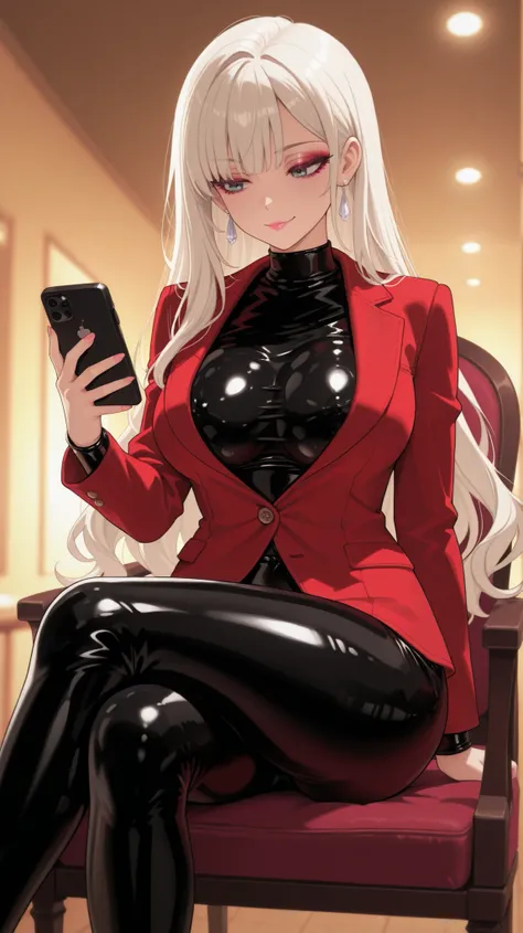 Anime-style woman sitting on a fancy chair in a well lit room. her eyes stares at her phone looking bored. she stares at her phone with a bored expression. She wears a glossy black latex catsuit that hugs her exaggerated hourglass curves and enhances her v...