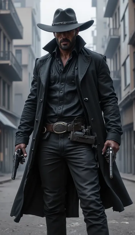 A lone gunslinger standing in the middle of an empty modern city street, surrounded by tall skyscrapers fading into a pale, misty sky. He wears a long, dark leather coat flowing slightly in the wind, a fitted black shirt, tactical belt, and dark trousers. ...