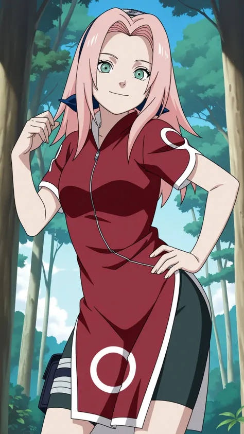 highres,absurdres,source anime,cowboy shot,1girl,solo,haruno sakura,pink hair,long hair,green eyes,red shirt, red qipao ,zipper, short sleeves, bike shorts,blue sky,forest,hand on own hip,smile,contrapposto,looking at viewer,