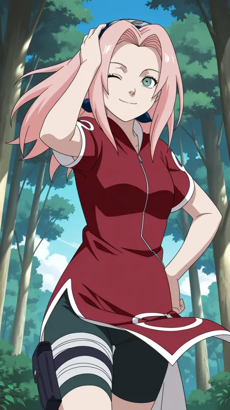 highres,absurdres,source anime,cowboy shot,1girl,solo,haruno sakura,pink hair,long hair,green eyes,red shirt, red qipao ,zipper, short sleeves, bike shorts,blue sky,forest,hand on own hip,smile,hand on own head,one eye closed,accidental exposure,wind lift,
