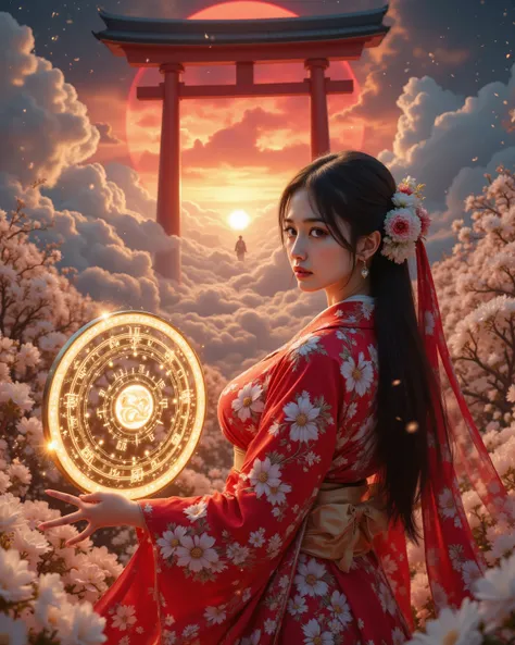 FLUX style, ultra-detailed panoramic cinematic masterpiece -- A celestial dreamscape unfolds above the clouds under a twilight sky, lit by a blood-red moon casting a faint crimson glow. A boundless sea of glowing white flowers blankets the ethereal expanse...