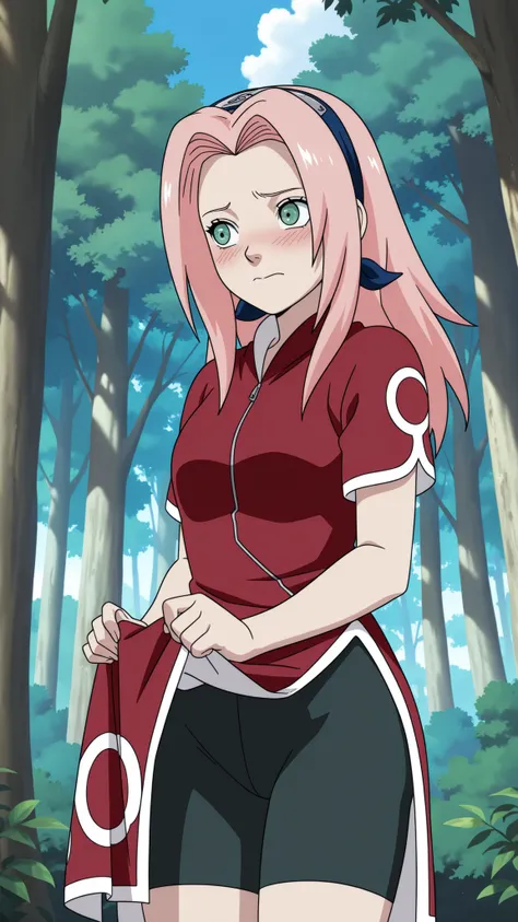 highres,absurdres,source anime,cowboy shot,1girl,solo,haruno sakura,pink hair,long hair,green eyes,red shirt,red qipao,zipper,short sleeves,bike shorts,blue sky,forest,embarrassed,skirt lift,looking away