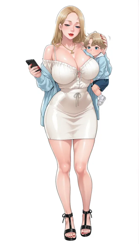 Yumi (New Town), a beautiful extremely sexy woman with long glowy sleek yellow-blonde hair, light-blue eyes, bimbo plump round red lips, bright red nails, extremely fair white glowy skin, a cinched small tight narrow waist, an hourglass figure, big breasts...