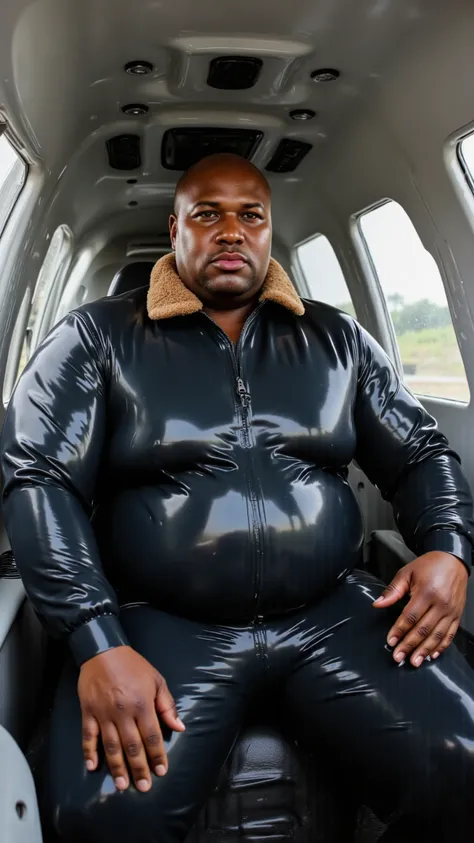 3d render a 55 year old black man with large muscular arms and a fat belly wearing a shiny black leather jacket with a bright brown fur collar sitting at the controls of a small aircraft