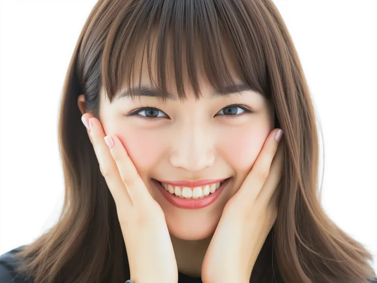 (Refined from an old photo, recreated in a modern, ultra high-quality photorealistic style, with a trendy Reiwa-era hairstyle: soft semi-long hair with natural waves and airy see-through bangs),
Ultra photorealistic close-up portrait of a beautiful Japan...