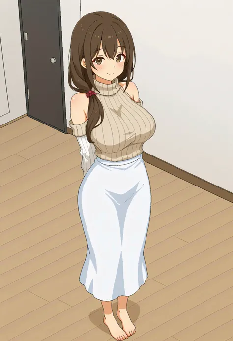 score_4,score_5,score_6,score_7_up,score_8_up,score_9 ((masterpiece,best quality,ultra detailed,highres,HD,4k:1.2)), 
1girl
solo
brown hair
barefoot
sweater
skirt
breasts
oekaki
jaggy lines
ribbed sweater
large breasts
long hair
white skirt
turtleneck
smil...