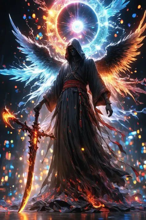 超realistic, Black Angel, Fallen to High Sublimation, Holding a Weapon in Hand, Right After Swinging Down the Grim Reaper's Sickle, Overcoming the Sacred Ring of Light, absurd lighting, Oriental Taoyuan Township that Distorts Darkness, 4K, HDR, ultra-detail...