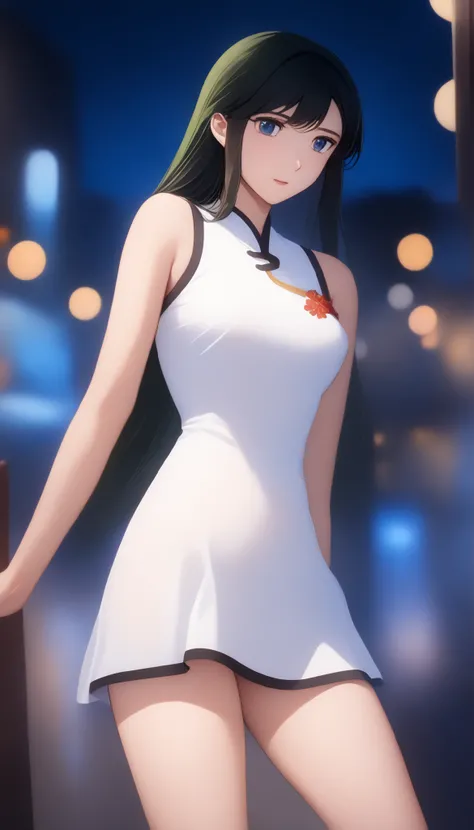 long hair,17 years old,silver bell, 1girl, solo,  China hair , long hair, , dark green hair,, straight shot with bokeh, blue eyes, , white China dress, Around town, white panties、sleeveless, spread legs,show white panties,Bare Shoulders, beautiful skin,min...