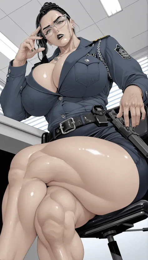 mrskanenari, glasses, jewelry, earrings, grey eyes, black lips, huge breasts, black hair, black nails, thick muscular thighs, wide curvy hips, police uniform, police officer, gun in belt, one hand on table, pencil skirt, office, sitting on chair, legs cros...