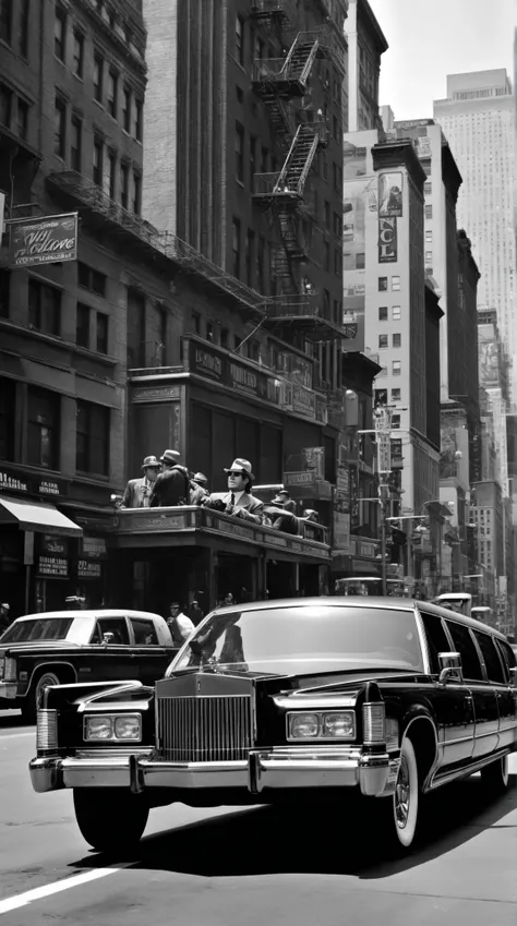 high-definition images、 black and white image、New York 5th Street 、Corleone riding a Lincoln limo、