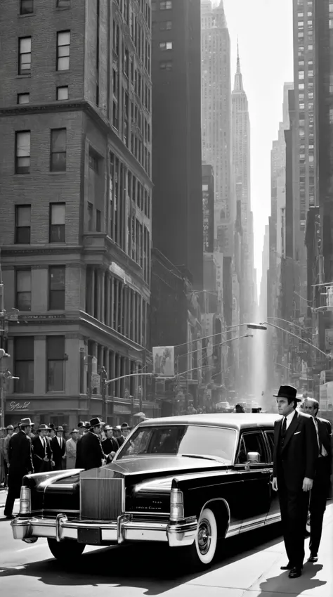 high-definition images、 black and white image、New York 5th Street 、Corleone riding a Lincoln limo、