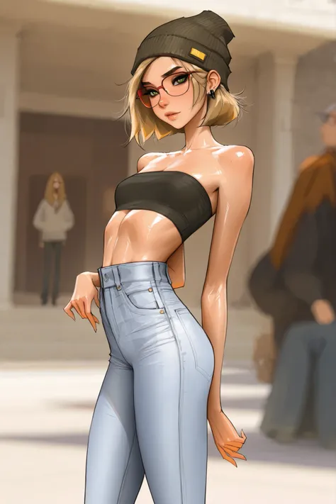 red rimmed glasses, short hair, green eyes, blonde hair, masterpiece, best quality, very aesthetic, movie quality, depth of field,soft saturation, focused subject, ,official style, shiny skin, 1girl, dark eyeliner, high top beanie, (darcy redd), shirow mas...