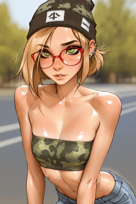 red rimmed glasses, short hair, green eyes, blonde hair, masterpiece, best quality, very aesthetic, movie quality, depth of field,soft saturation, focused subject, ,official style, shiny skin, 1girl, dark eyeliner, high top beanie, earrings, (darcy redd), ...