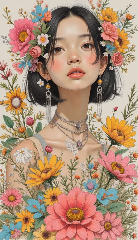 hyperrealistic retro collage art composed of vintage magazine clippings, Chaotic and rebellious composition, texture of torn paper, Bold pop colour, Absurd juxtaposition, Nostalgic aesthetic. Amidst vibrant scenes、a black and white photograph of a beautifu...