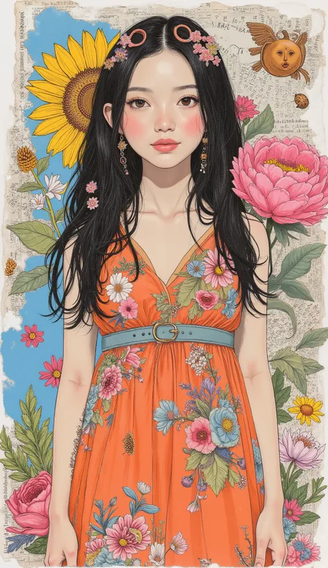 hyperrealistic retro collage art composed of vintage magazine clippings, Chaotic and rebellious composition, texture of torn paper, Bold pop colour, Absurd juxtaposition, Nostalgic aesthetic. Amidst vibrant scenes、a black and white photograph of a beautifu...