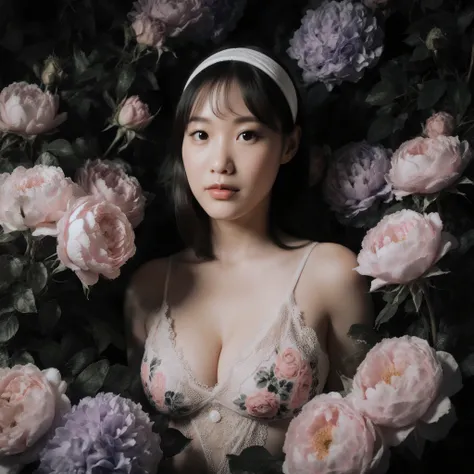 Ultra-realistic cinematic portrait of a young woman posing elegantly among abundant roses and peonies in soft pink and lavender hues, surrounded by lush greenery. She wears a delicate floral lingerie-style outfit with lace details and a white headband, sty...