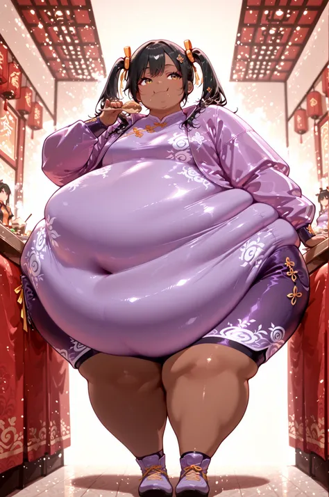 masterpiece, best quality, 1girl, solo,Ling Xiaoyu, long hair, black hair, twin tails, brown eyes, dark skin, Asian, shirt, long sleeves, hair ornament, ribbon, hair ribbon, open clothes, shorts, open jacket, purple jacket, purple shorts, Chinese clothes, ...