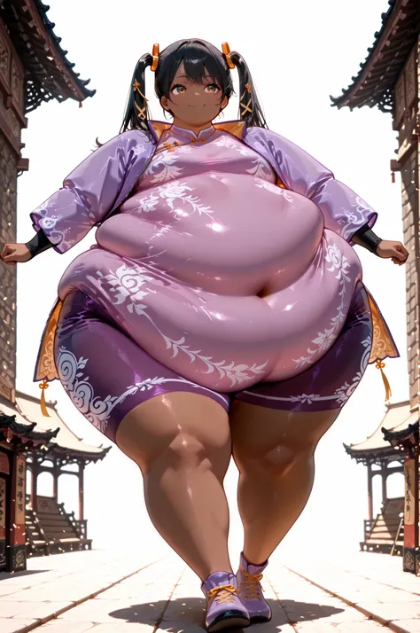 masterpiece, best quality, 1girl, solo, Ling Xiaoyu, long hair, black hair, twin tails, brown eyes, dark skin, Asian, shirt, long sleeves, hair ornament, ribbon, hair ribbon, open clothes, shorts, open jacket, purple jacket, purple shorts, Chinese clothes,...