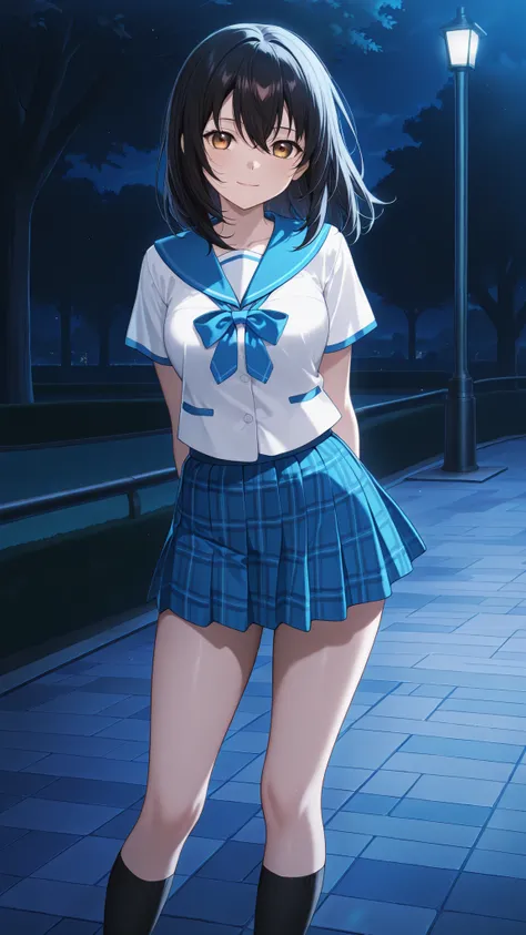 highres,absurdres,1girl,solo,aayukina,medium hair,black hair,brown eyes,school uniform,blue sailor collar,blue bow,white shirt,short sleeves,plaid miniskirt,blue skirt,black socks,night,park,dark,arms behind back,light smile,contrapposto