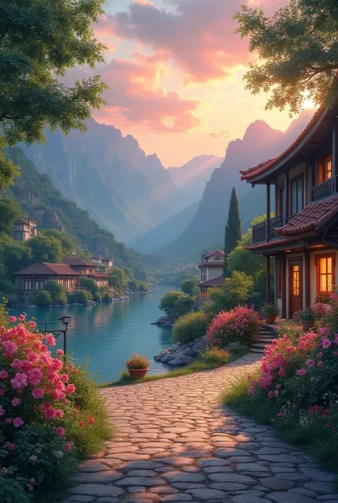 a small village by the river，Background is mountains，Flowers bloom，Brightly colored，Detailed Scenery，Beautiful Natural Scenery，Ambiance Lighting，Burning Sunsets，a warm color palette，utility，utility摄影，Detailed Leaves，Intricate architecture，cobblestone stree...