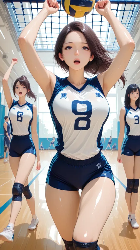 volleyball match with the referee、Female athlete falling to the floor trying to receive a dive、desperately reaching for the ball、the moment the body floats in the air、Expression of tension and concentration on the face、Brilliant Uniforms、Reflections reflec...