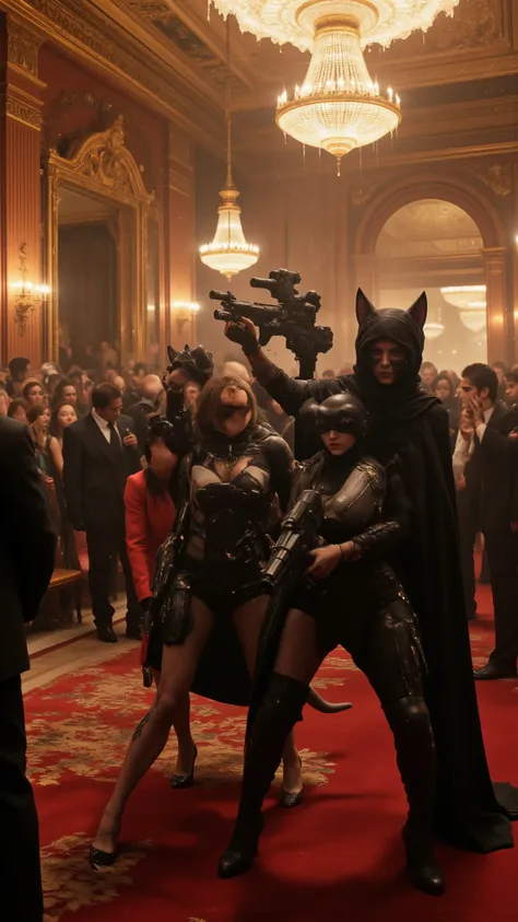 high definition footage、The cat girls who are robbed、Sotheby's Auction Venue、cat girls robbing with machine guns in a venue where there are a lot of people