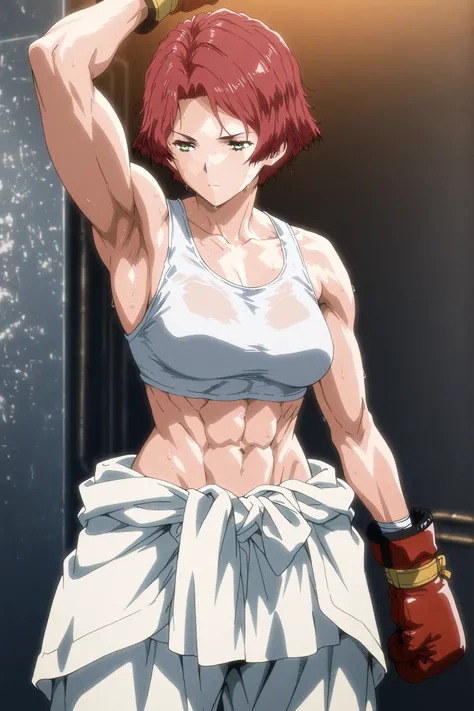 1girl, solo, young mature, yukinakabaneri, green eyes, short hair, red hair,muscular female, boxing gloves, white tank top, clothes around waist, white pants, breasts, midriff, armpit, abs, sweating