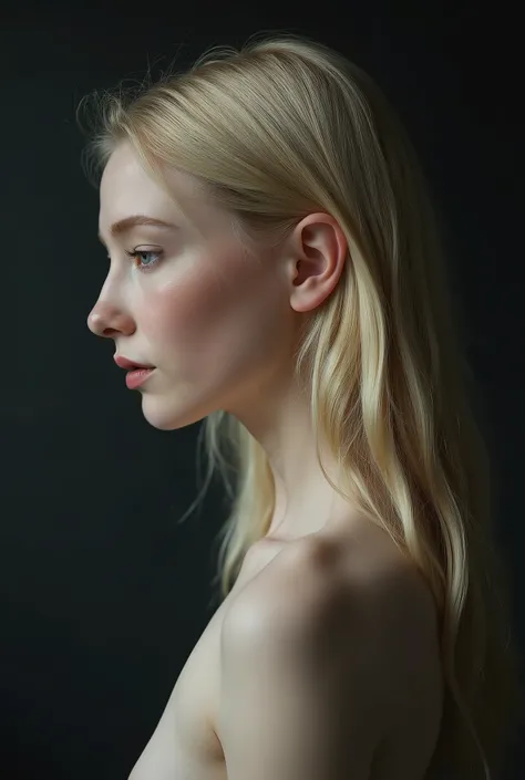 Full side head profile shot, head profile view, studio photograph, face shot, A captivating young woman, who is a harmonious blend of elegant features and youthful charm, goth girl, goth aesthetics, straight hair, blonde, long hair, naked, topless, bare sk...