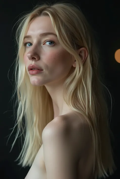 Full side head profile shot, head profile view, studio photograph, face shot, A captivating young woman, who is a harmonious blend of elegant features and youthful charm, goth girl, goth aesthetics, straight hair, blonde, long hair, naked, topless, bare sk...