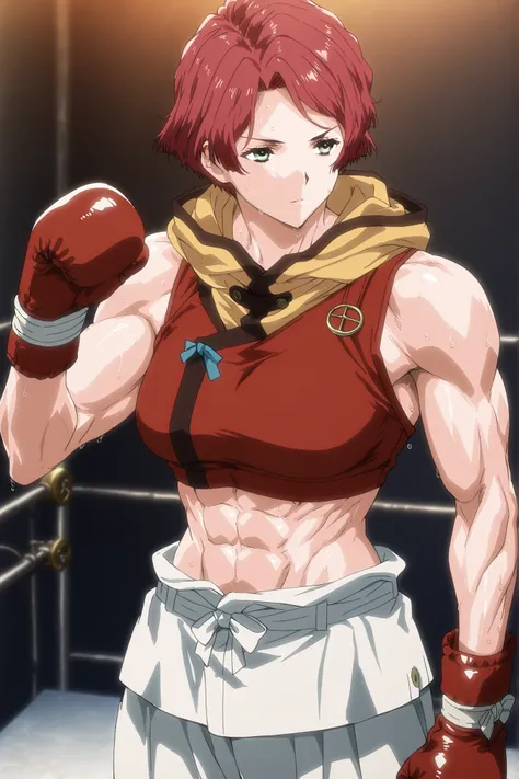 1girl, solo, young mature, yukinakabaneri, green eyes, short hair, red hair,muscular female, boxing gloves, sleeveless hoodie, white pants, breasts, midriff, abs, sweating