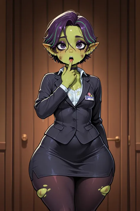 female punk, random colors hair, black eye , facial piercings, eye makeup, small breasts, meduim hips, (goblin femboy:1.0) (shortstack:1.0) (green skin:1.0) (pointy ears:1.0) (wide hips:1.0) boy. crossdressing, femboy. huge hips, very short hair. Bouffant....