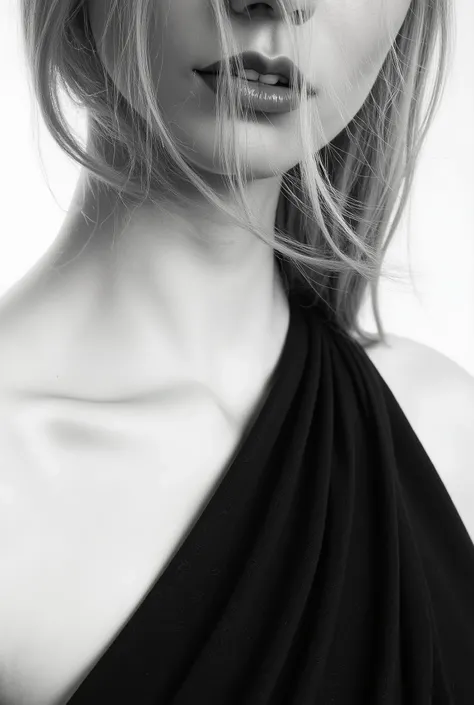 The image presents a black and white portrait that emphasizes the neck and shoulders of a beautiful girl. She is dressed in a dark open dress, the fabric having a slight texture that contrasts with the smoothness of their skin. Long, wispy strands of hair ...